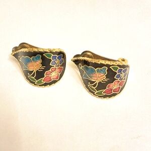 Leaf-Shaped Cloisonné Clip On Earrings Vintage.